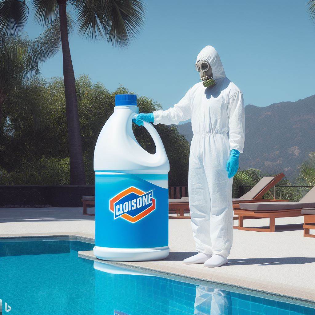 A picture of disinfecting a swimming pool with bleach